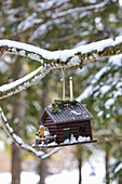 Bird nesting box with nativity figurines in a winter garden