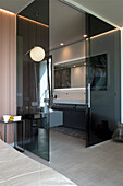 Modern bathroom with glass partition and grey washbasin