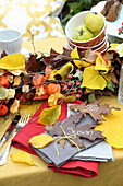 Autumnal table decoration with leaves and physalis