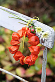 Small wreath of physalis on chair back