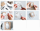 Instructions for making paper gift boxes decorated with wintry animals
