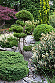 Japanisch inspirierte Gartengestaltung mit Zierpflanzen und Kieselsteinen