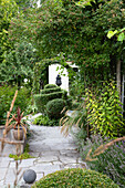 Garden path with a variety of plants and sculpture in the background