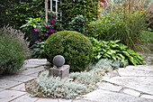 Landscaped garden area with spherical tree and decorative stone ball