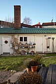 Painted garden shed building exterior Mariefred Sweden