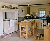 Country style kitchen with an Aga cooker dog on stone floor