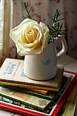 Single stem rose and stack of books in Norfolk beach house, UK