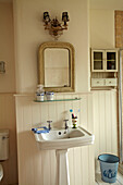 Pedestal basin in bathroom of Norfolk beach house, UK