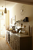 Sunlit kitchen in Brighton home, East Sussex, England, UK