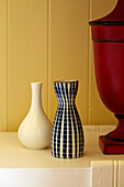 Three vases on shelf in Cromer beach house, Norfolk, England, UK