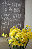 A bunch of yellow daffodils and kitchen chalk board