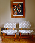 Detail of retro chairs with spotted upholstery in Mjolby, Sweden
