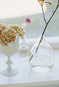 Close up of a glass vase next to a china cup containing a flower on a white window still