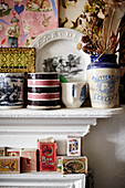 Vintage matchboxes and ceramic jugs Yorkshire, UK