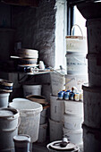Glazed pots and buckets in the Prindl Pottery Cornwall, UK