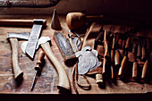 Woodworking tools in East Sussex workshop of artist