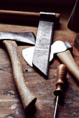 Woodworking tools in East Sussex workshop of artist