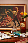 Yellow roses and vintage bottles with artwork of flamenco dancers Lot et Garonne, France