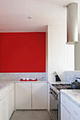 Red feature wall in kitchen with stainless steel extractor tube