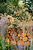 Geschnittenes Brennholz unter Bäumen gestapelt