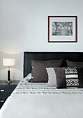 Artwork above cushions on bed with black headboard