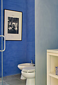 Blue painted bathroom with artwork and bidet