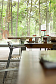 Metal framed chair at breakfast table at kitchen window set in woodland