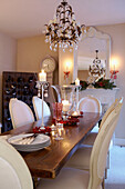Christmas dining room with crystal drop chandelier