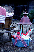 Winter sleigh and Christmas hamper with lantern