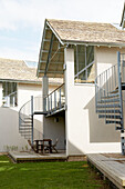 External staircase of sustainable house on lakeside conservation estate Gloucestershire