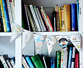 Shelving unit with books and flags