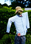 Scarecrow in shirt with straw hat