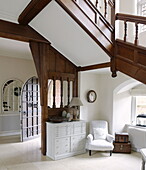 Wooden banisters in spacious entrance foyer of country house Tunbridge Wells Kent England UK