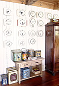 Wall display of clocks in bedroom of Abbekerk home in the Dutch province of North Holland municipality of Medemblik