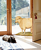 Dog sleeps in sunlight next to cardboard cut out of sheep in traditional country house Welsh borders UK