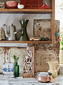 Vintage kitchenware and architectural salvage on wooden shelf in Whitley Bay cottage Tyne and Wear England UK