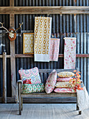 Assorted fabrics and cushion covers in Northumbrian textiles studio England UK