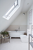 Skylight window and freestanding bath in attic of Rye barn conversion, East Sussex