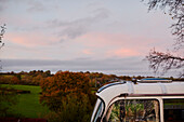 View looking over the rooftop of The Majestic Bus near Hay-on-Wye, Wales, UK