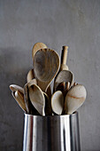 Wooden spoons in stainless steel holder Sligo home, Ireland
