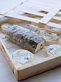 Selection of goats cheese in a wooden box including Cabecou de Rocamadour