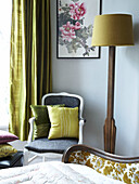Soft furnishings with vintage lamp and artwork in Winchester home, Hampshire, UK