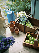 Still life of wooden trugs and cut flowers on a window sill overlooking garden