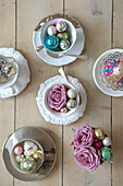 Tabletop with crockery and Christmas decorations