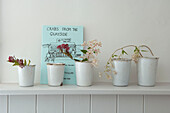 Display of wild flowers in enamel pots on a shelf