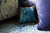 Blue and purple with patterned cushions in Massachusetts home, New England, USA