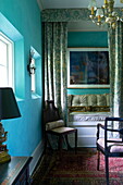 Antique chairs in room with curtain screen, Massachusetts home, New England, USA