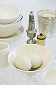 Two eggs on table in Austerlitz home, Columbia County, New York, United States