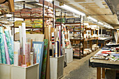 Wallpaper and fabric samples in Sheffield print studio, Berkshire County, Massachusetts, United States