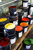Open dye pots on workbench in Sheffield print studio, Berkshire County, Massachusetts, United States